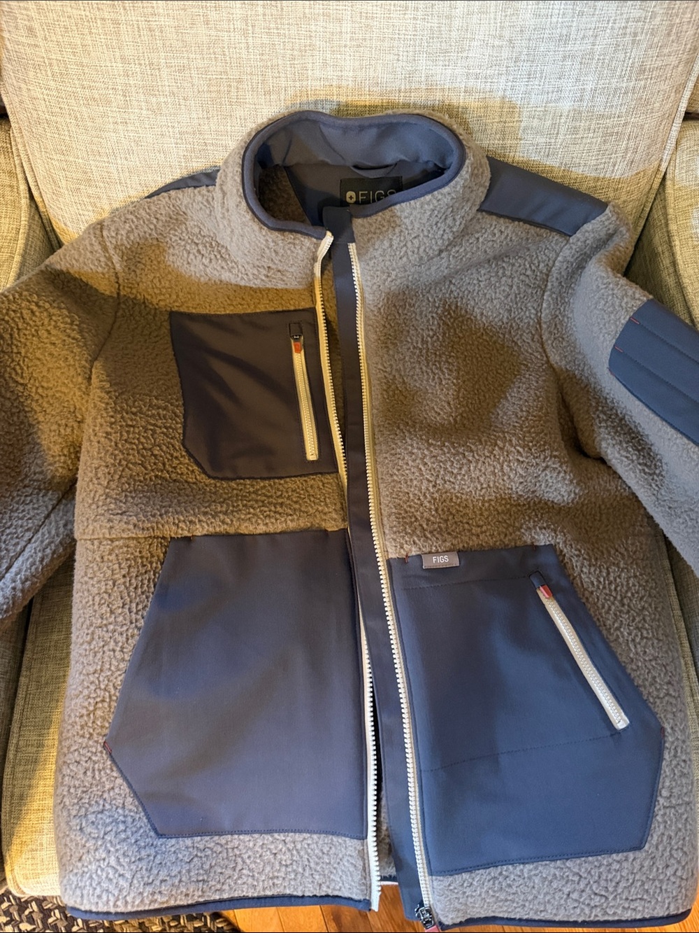 FIGS Mocha Sherpa Jacket with Gray Pockets